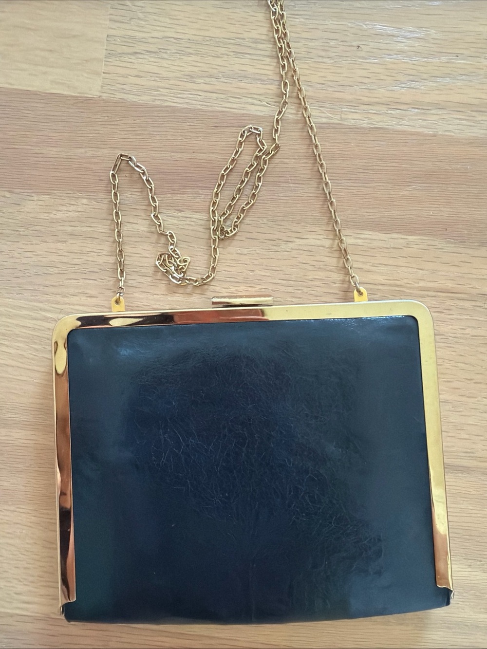 Vintage Leather Chain Purse Gold Black Clasp  1960s